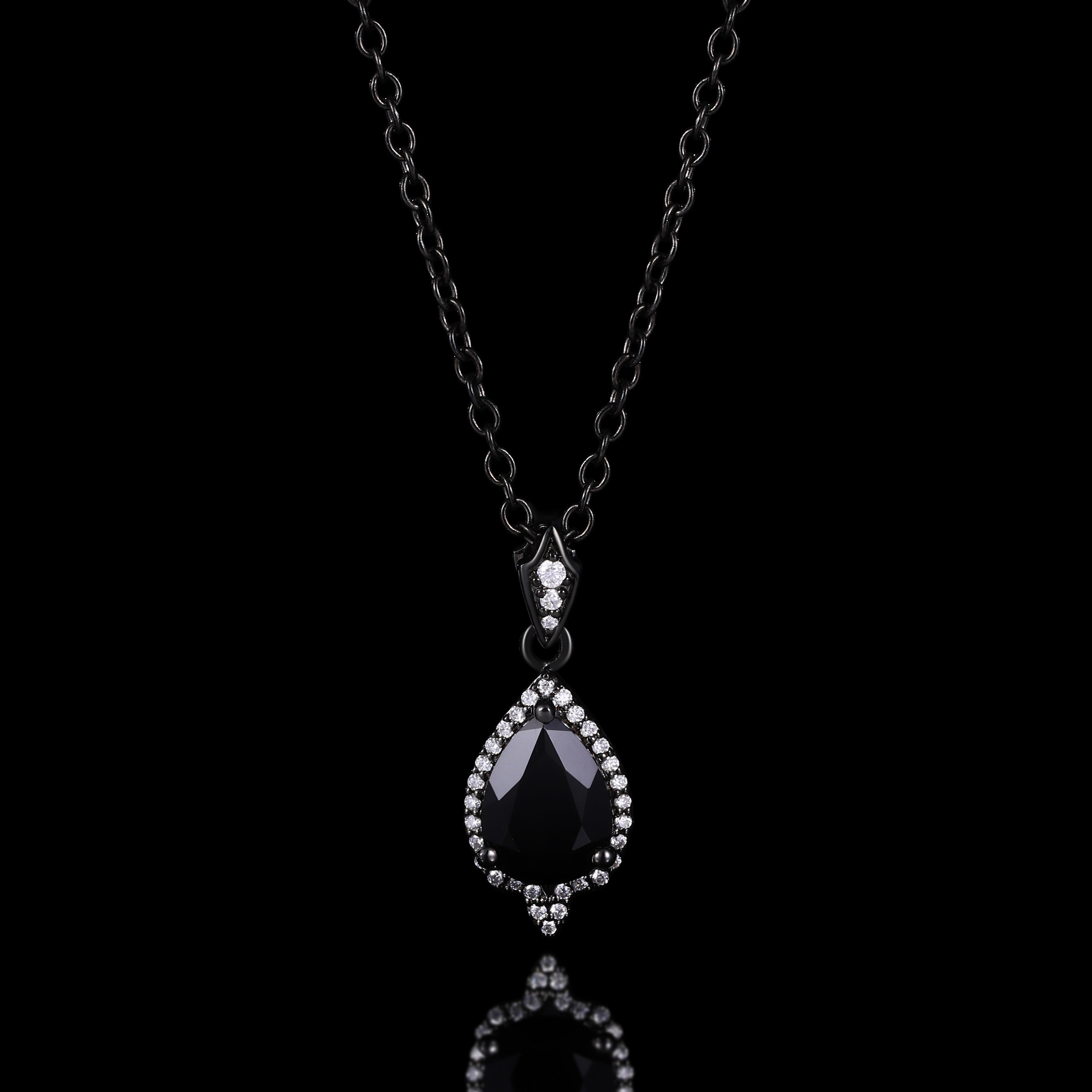 Pear Cut Black Diamond Halo Gothic Pendant Necklace