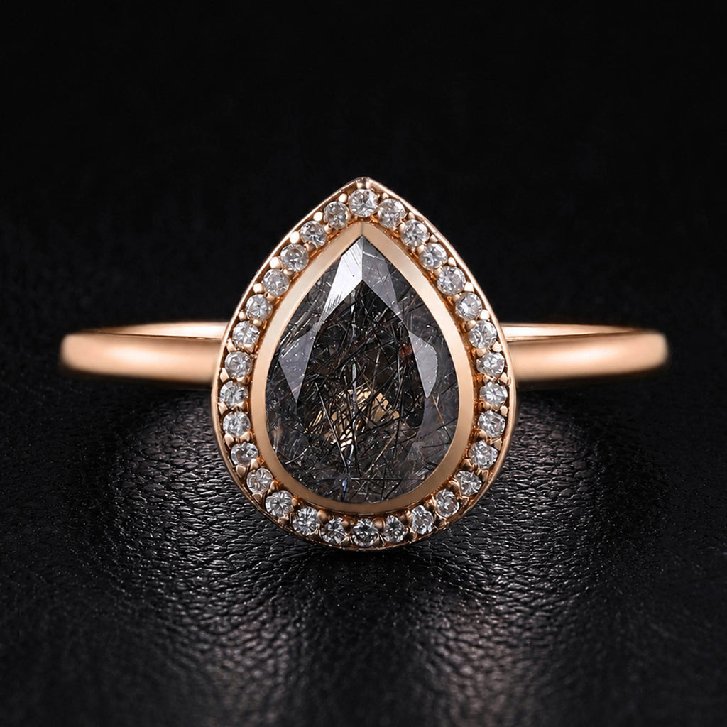 Pear Cut Black Rutilated Quartz Halo Ring