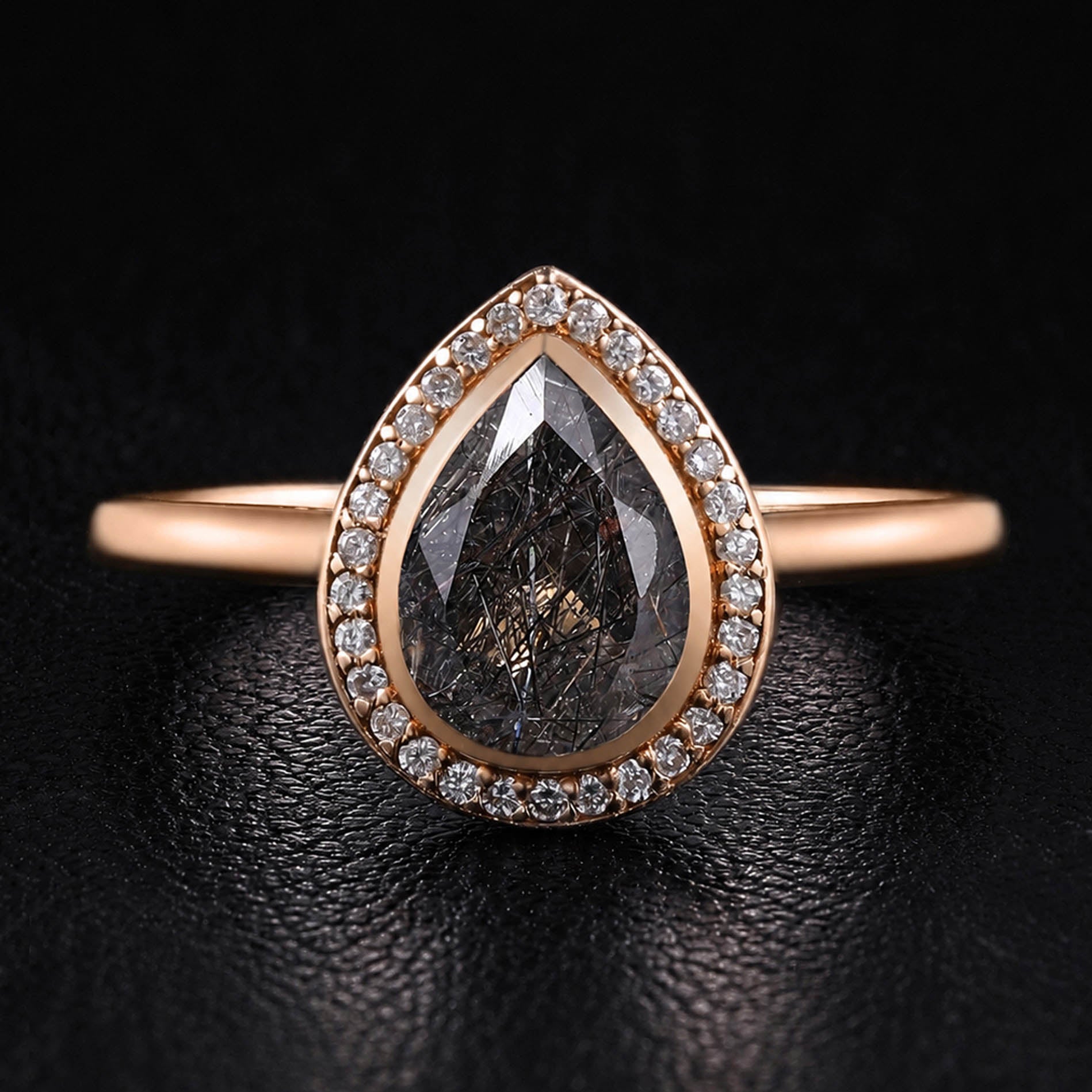 Pear Cut Black Rutilated Quartz Halo Ring