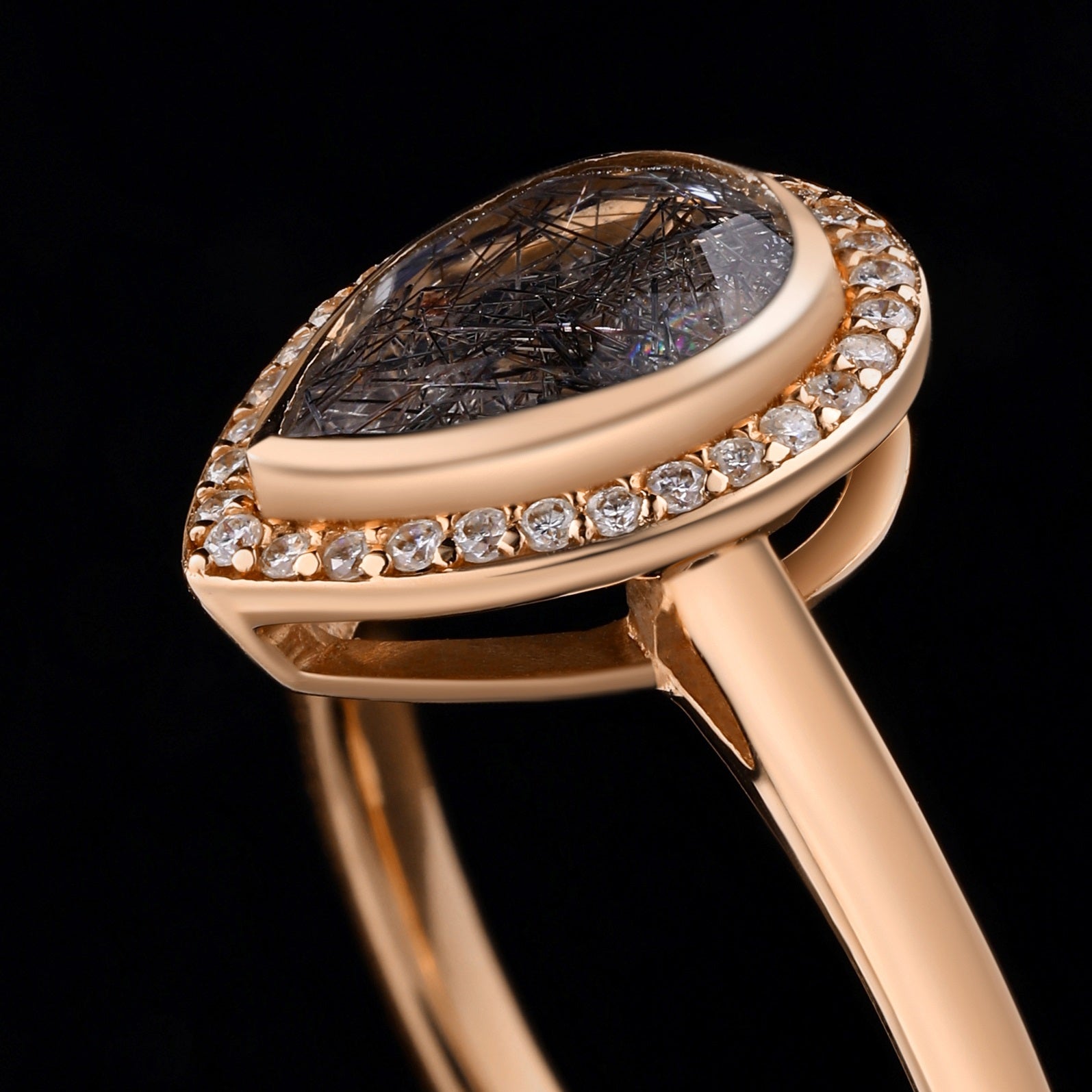 Pear Cut Black Rutilated Quartz Halo Ring