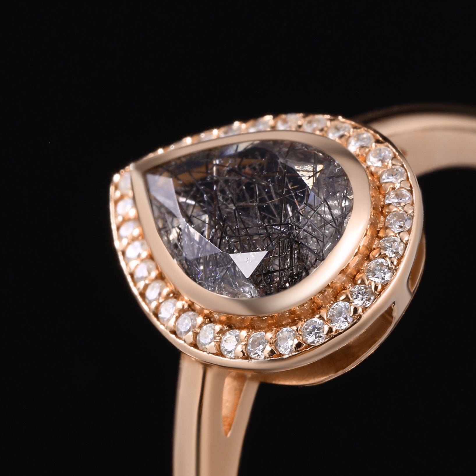 Pear Cut Black Rutilated Quartz Halo Ring