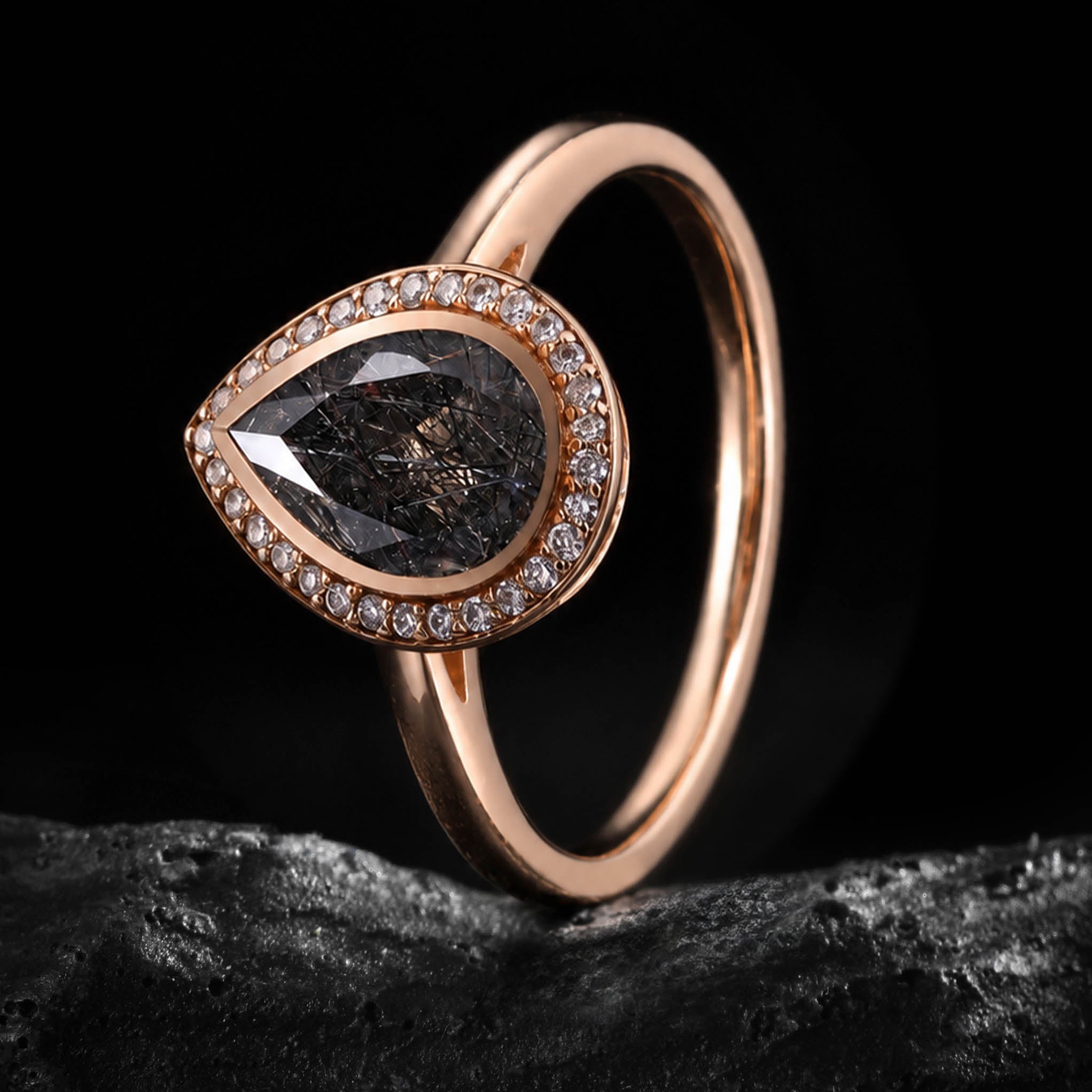 Pear Cut Black Rutilated Quartz Halo Ring