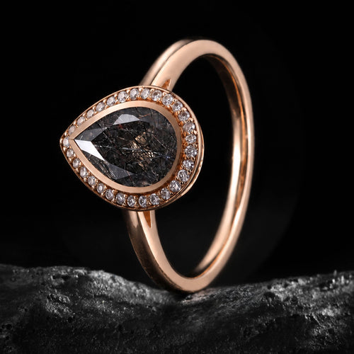 Pear Cut Black Rutilated Quartz Halo Ring
