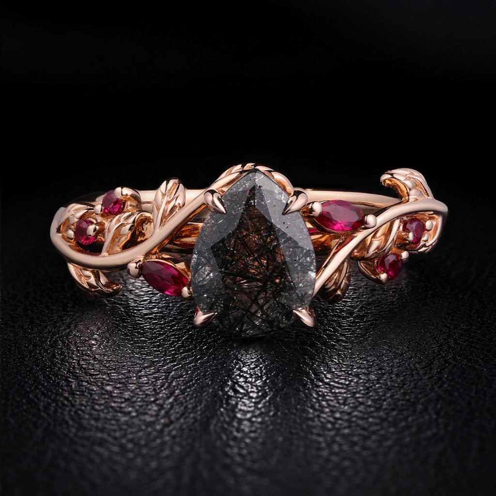 Pear Cut Black Rutilated Quartz Gothic Leaf Ring
