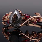 Pear Cut Black Rutilated Quartz Gothic Leaf Ring