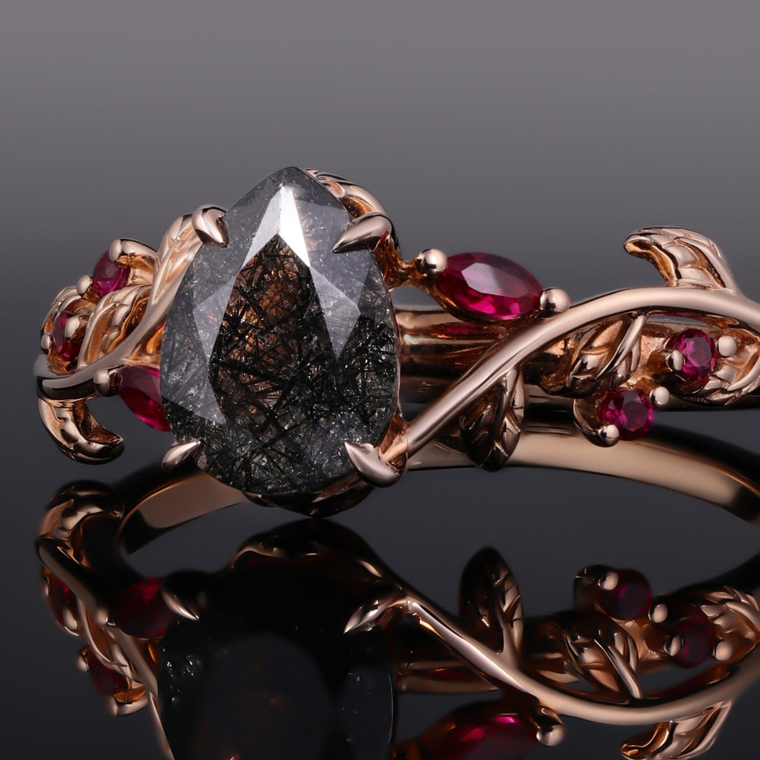 Pear Cut Black Rutilated Quartz Gothic Leaf Ring