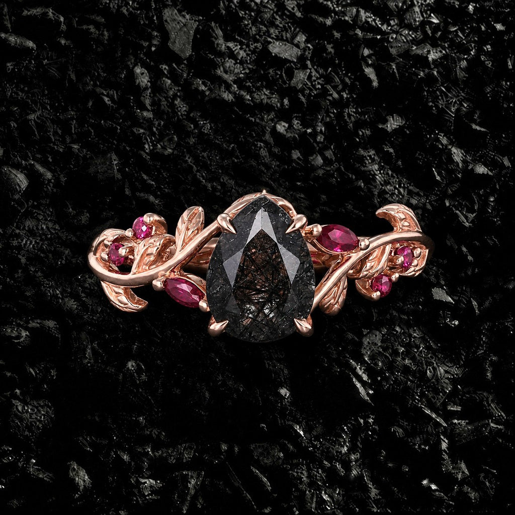 Pear Cut Black Rutilated Quartz Gothic Leaf Ring