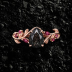 Pear Cut Black Rutilated Quartz Gothic Leaf Ring
