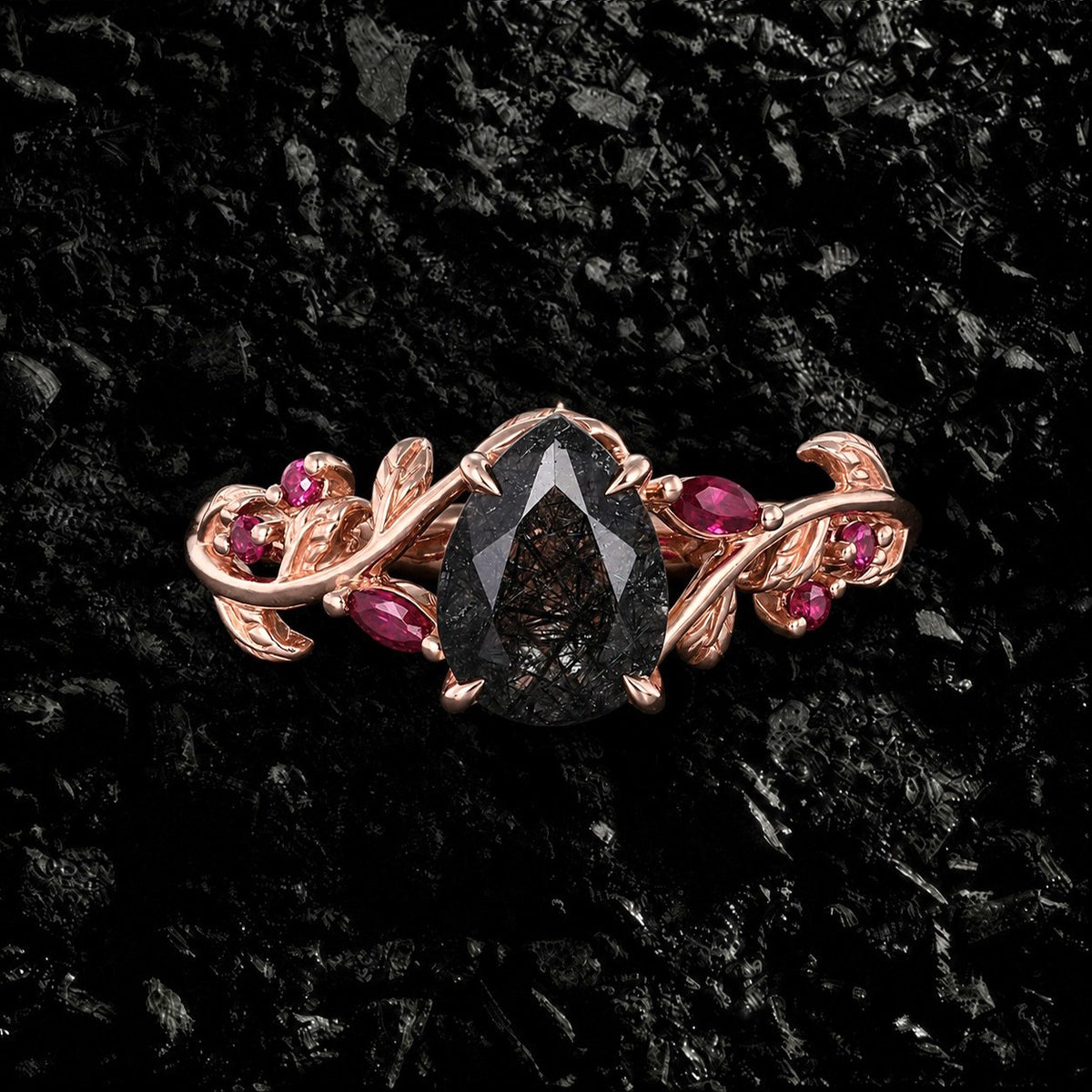 Pear Cut Black Rutilated Quartz Gothic Leaf Ring