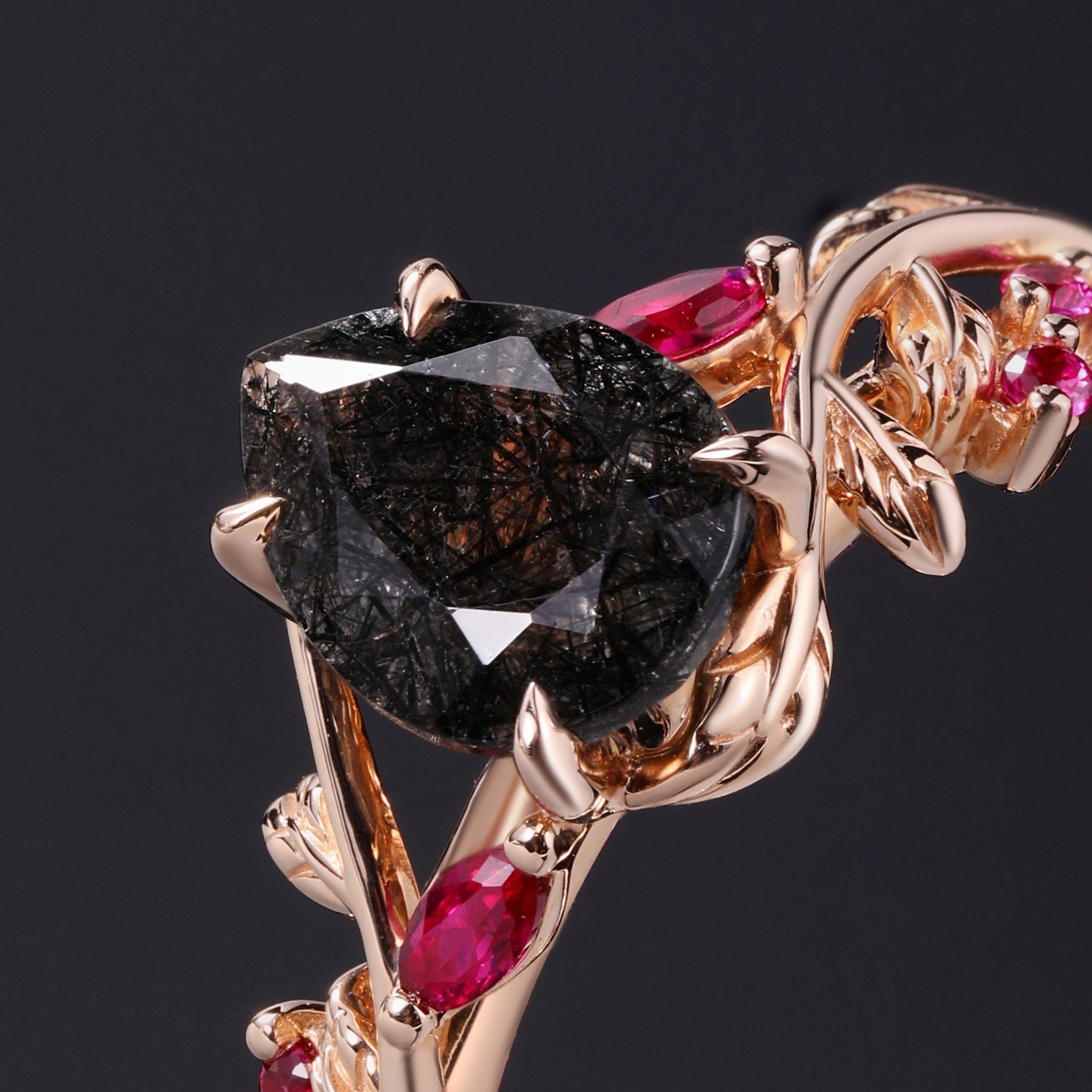Pear Cut Black Rutilated Quartz Gothic Leaf Ring