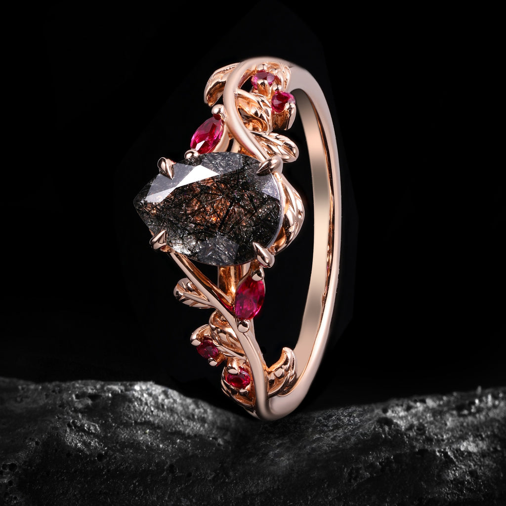 Pear Cut Black Rutilated Quartz Gothic Leaf Ring