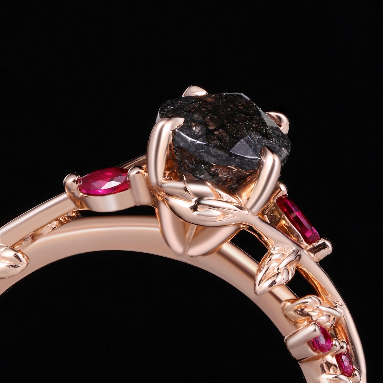 Pear Cut Black Rutilated Quartz Gothic Leaf Ring