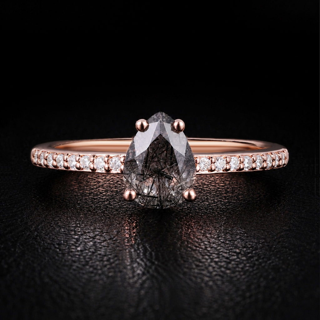 Pear Cut Black Rutilated Quartz Pavé Ring