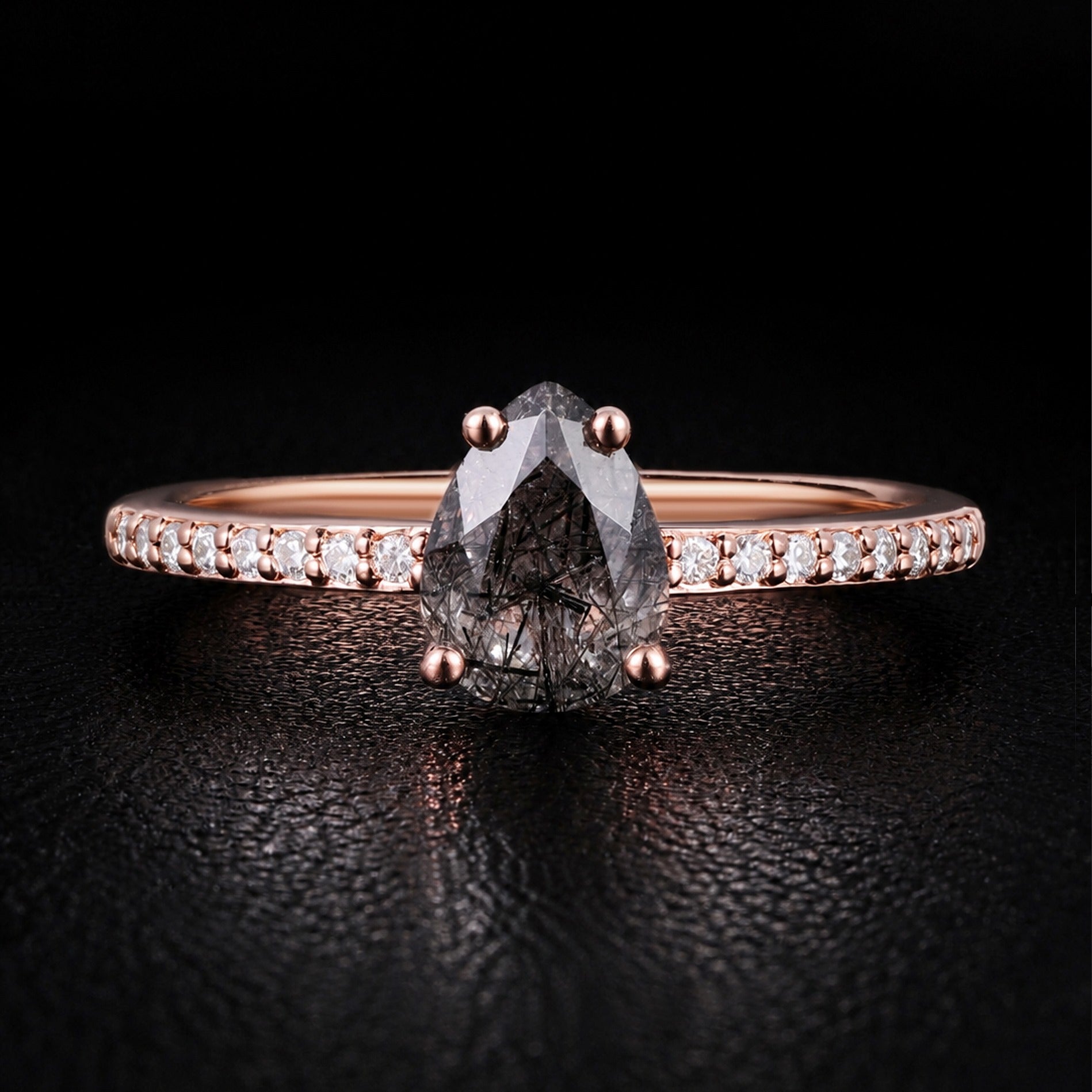 Pear Cut Black Rutilated Quartz Pavé Ring