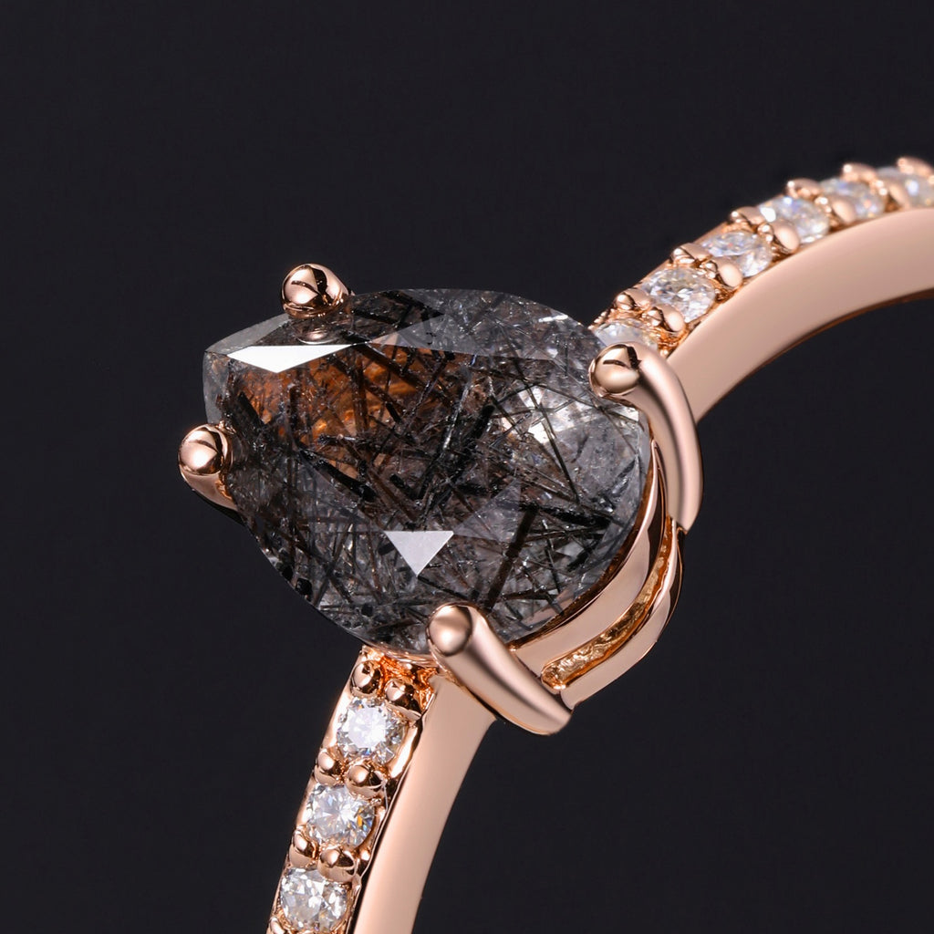 Pear Cut Black Rutilated Quartz Pavé Ring