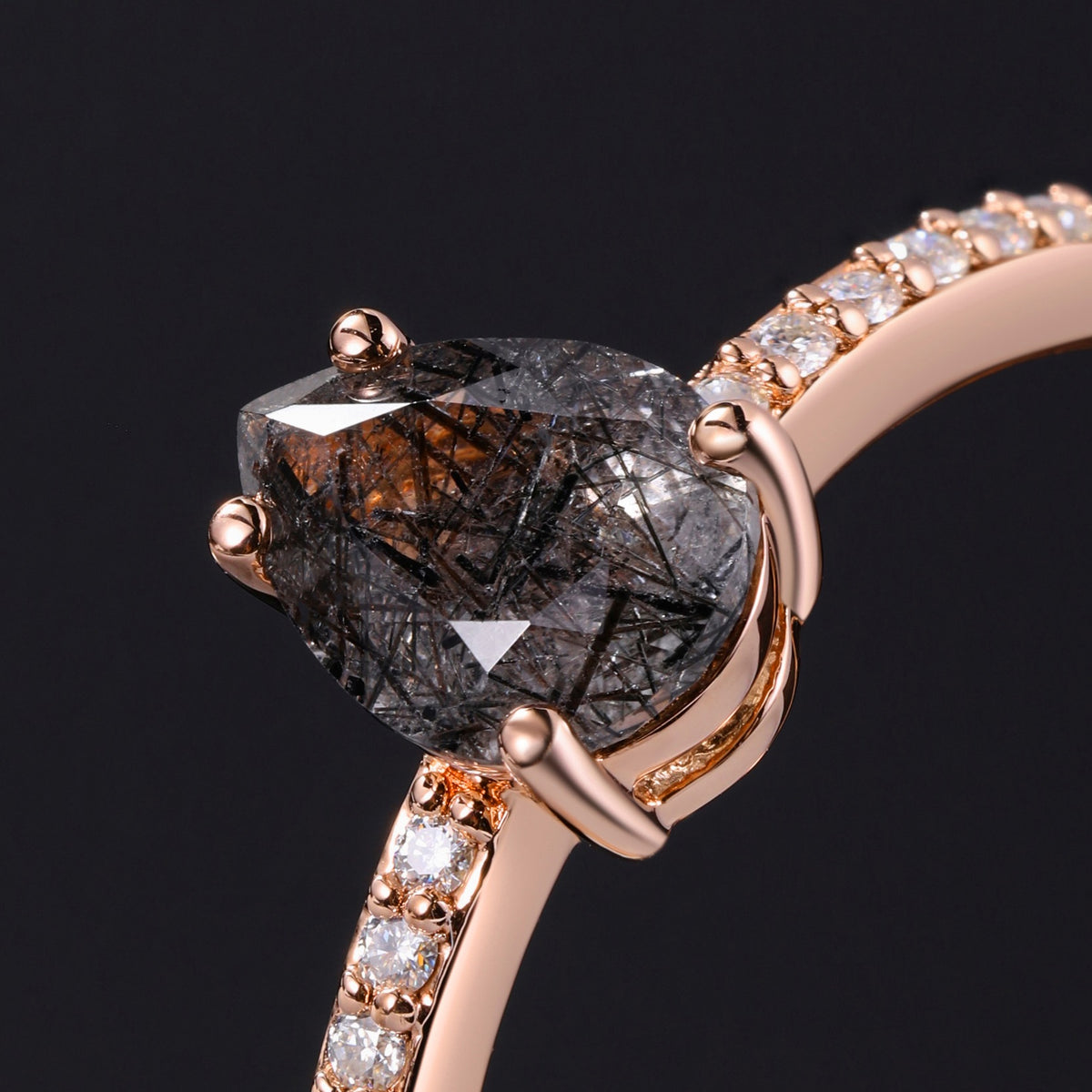 Pear Cut Black Rutilated Quartz Pavé Ring