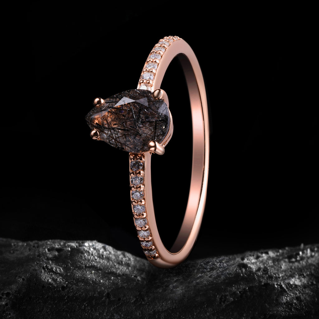 Pear Cut Black Rutilated Quartz Pavé Ring
