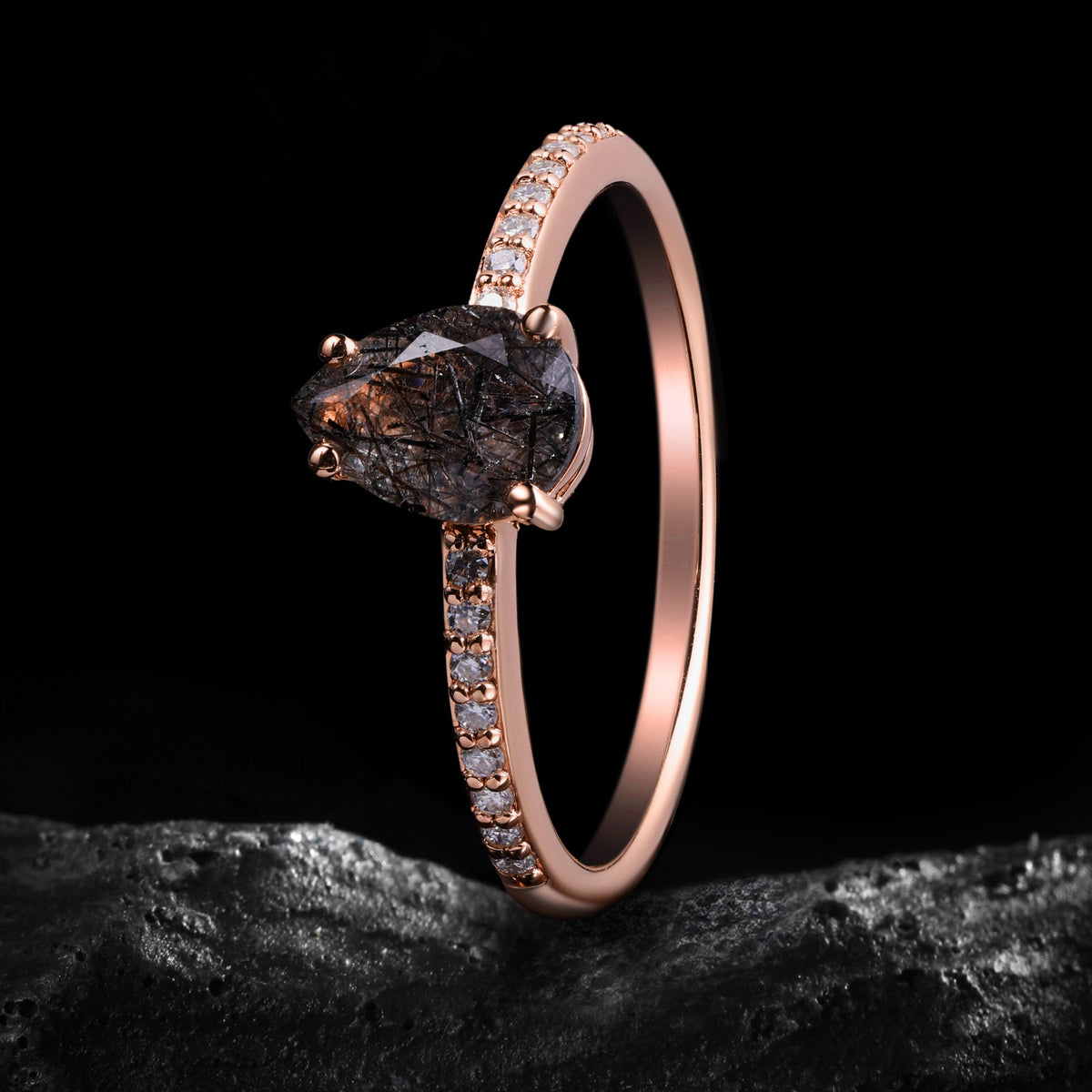 Pear Cut Black Rutilated Quartz Pavé Ring