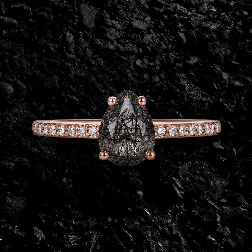 Pear Cut Black Rutilated Quartz Pavé Ring