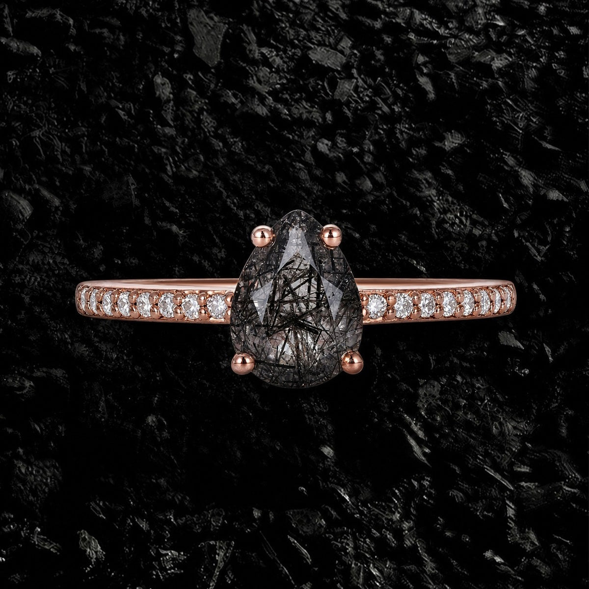Pear Cut Black Rutilated Quartz Pavé Ring