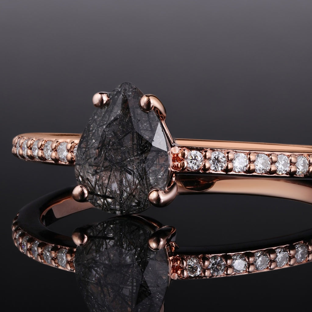 Pear Cut Black Rutilated Quartz Pavé Ring