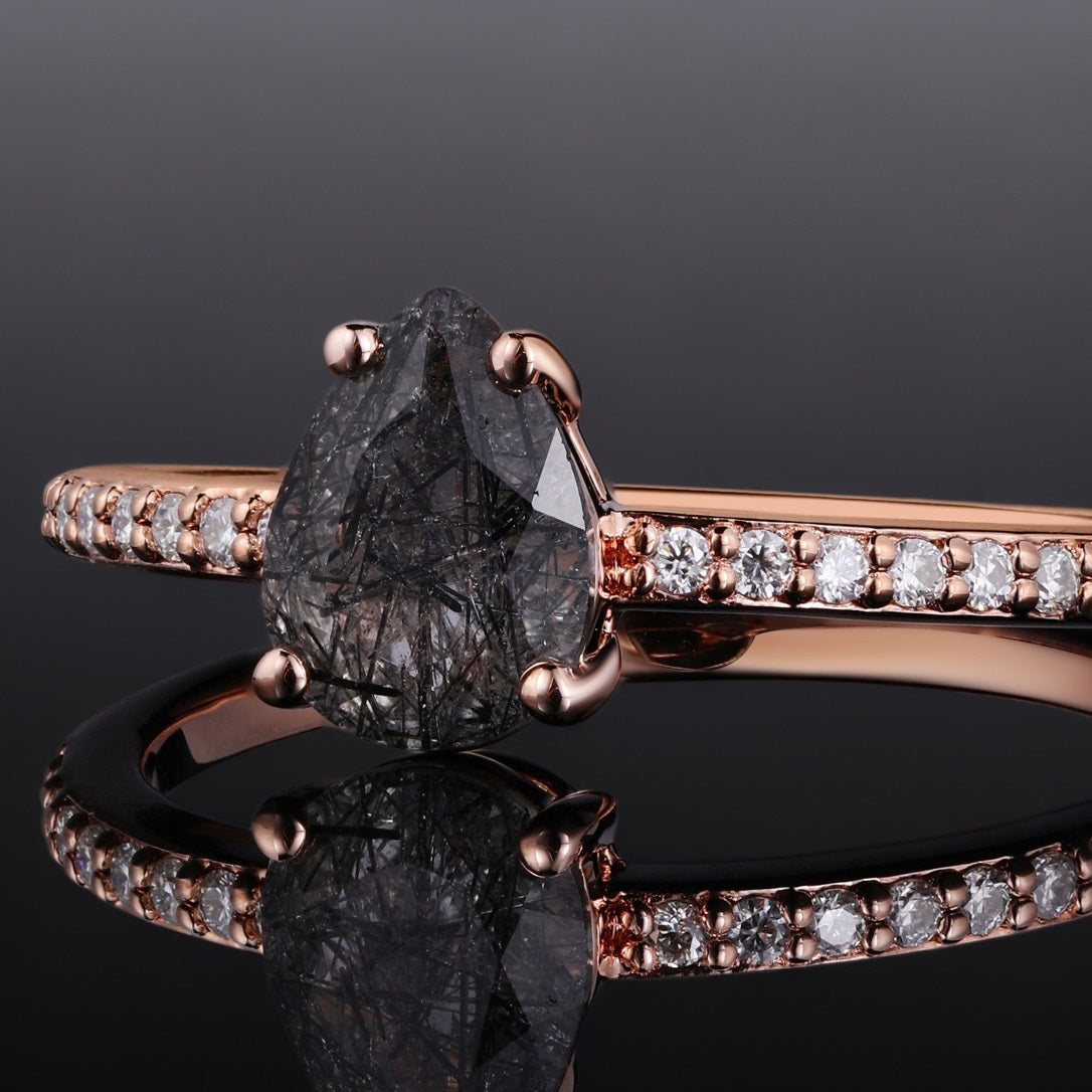 Pear Cut Black Rutilated Quartz Pavé Ring