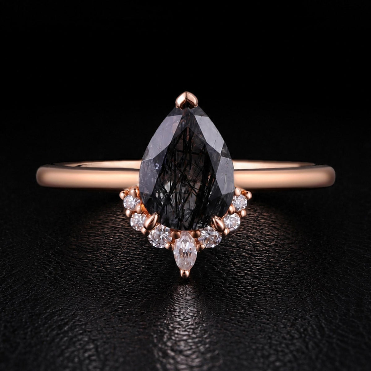 Pear Cut Black Rutilated Quartz Tiara Half Halo Ring