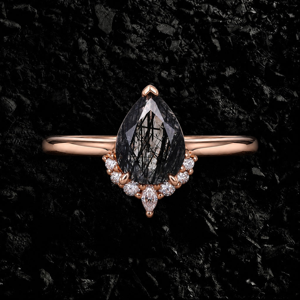 Pear Cut Black Rutilated Quartz Tiara Half Halo Ring