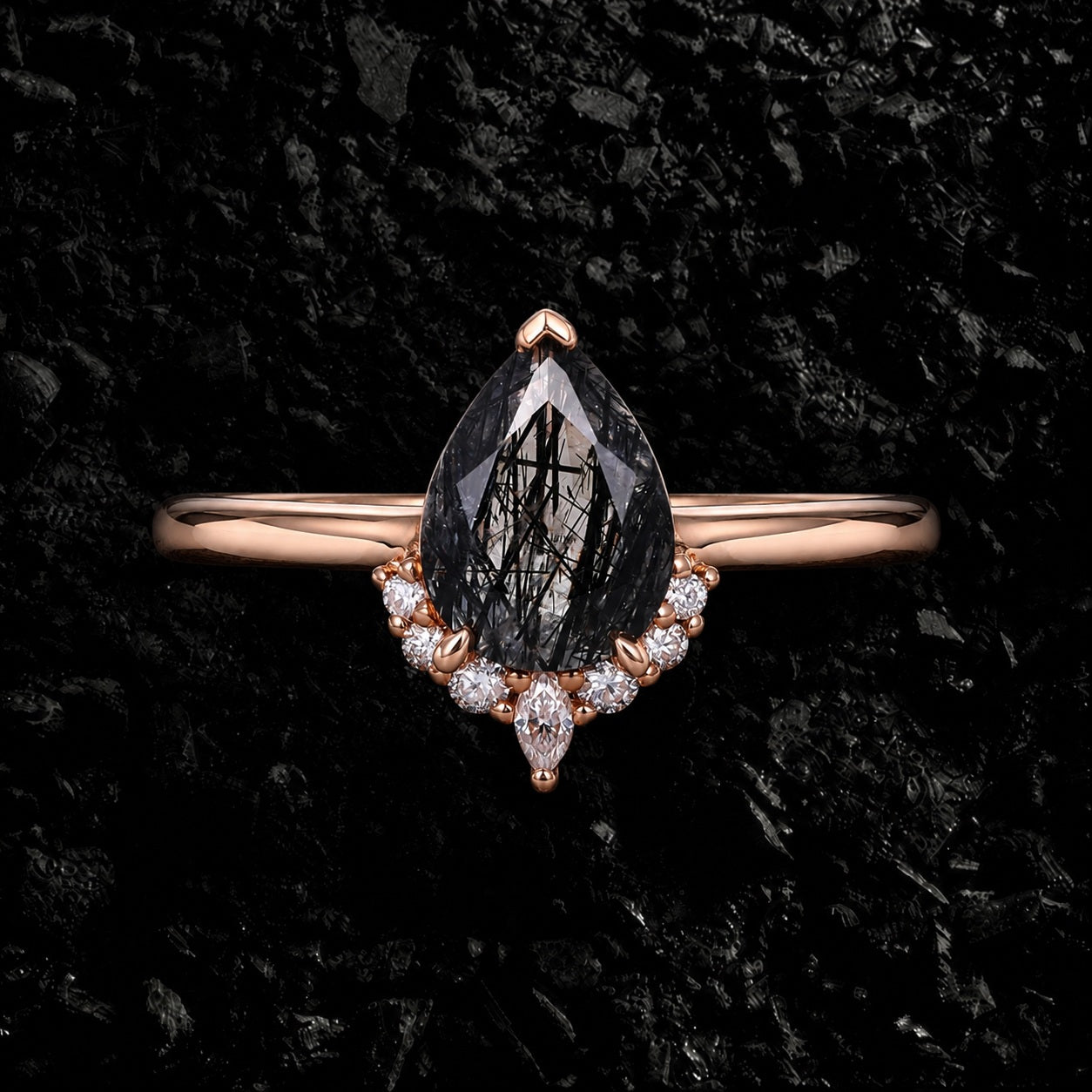 Pear Cut Black Rutilated Quartz Tiara Half Halo Ring