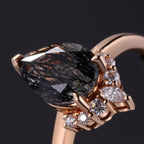 Pear Cut Black Rutilated Quartz Tiara Half Halo Ring