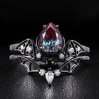 Pear Cut Lab Alexandrite Double Bat Hugging Ring Set Dark Gothic Ring Stack