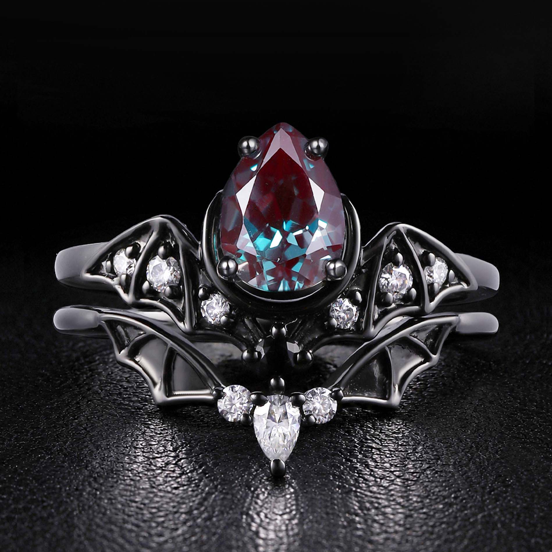 Pear Cut Lab Alexandrite Double Bat Hugging Ring Set Dark Gothic Ring Stack