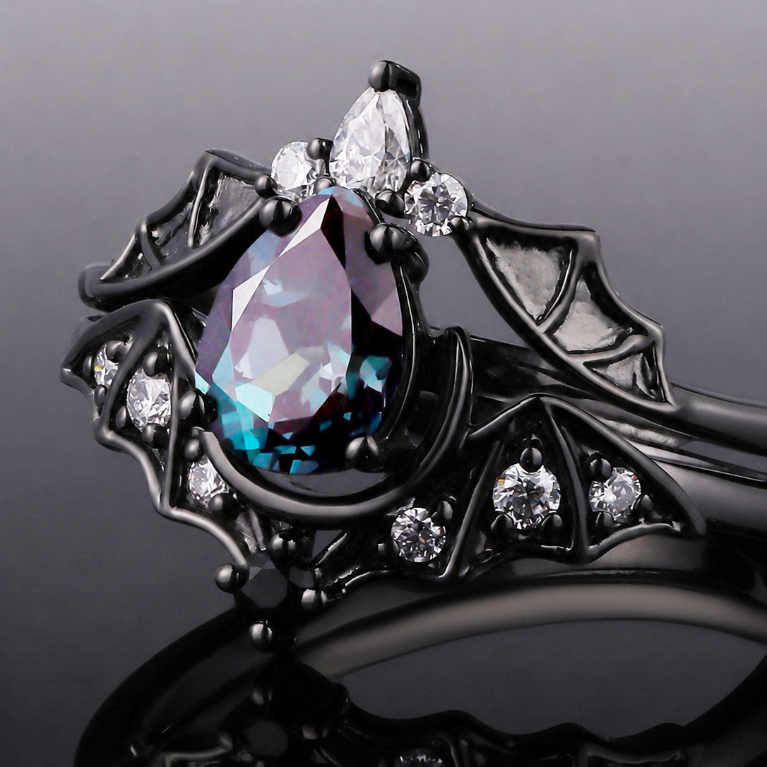 Pear Cut Lab Alexandrite Double Bat Hugging Ring Set Dark Gothic Ring Stack