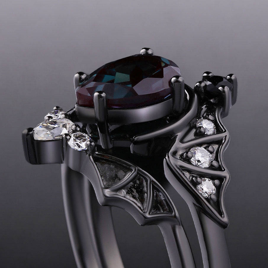 Pear Cut Lab Alexandrite Double Bat Hugging Ring Set Dark Gothic Ring Stack