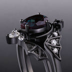 Pear Cut Lab Alexandrite Double Bat Hugging Ring Set Dark Gothic Ring Stack