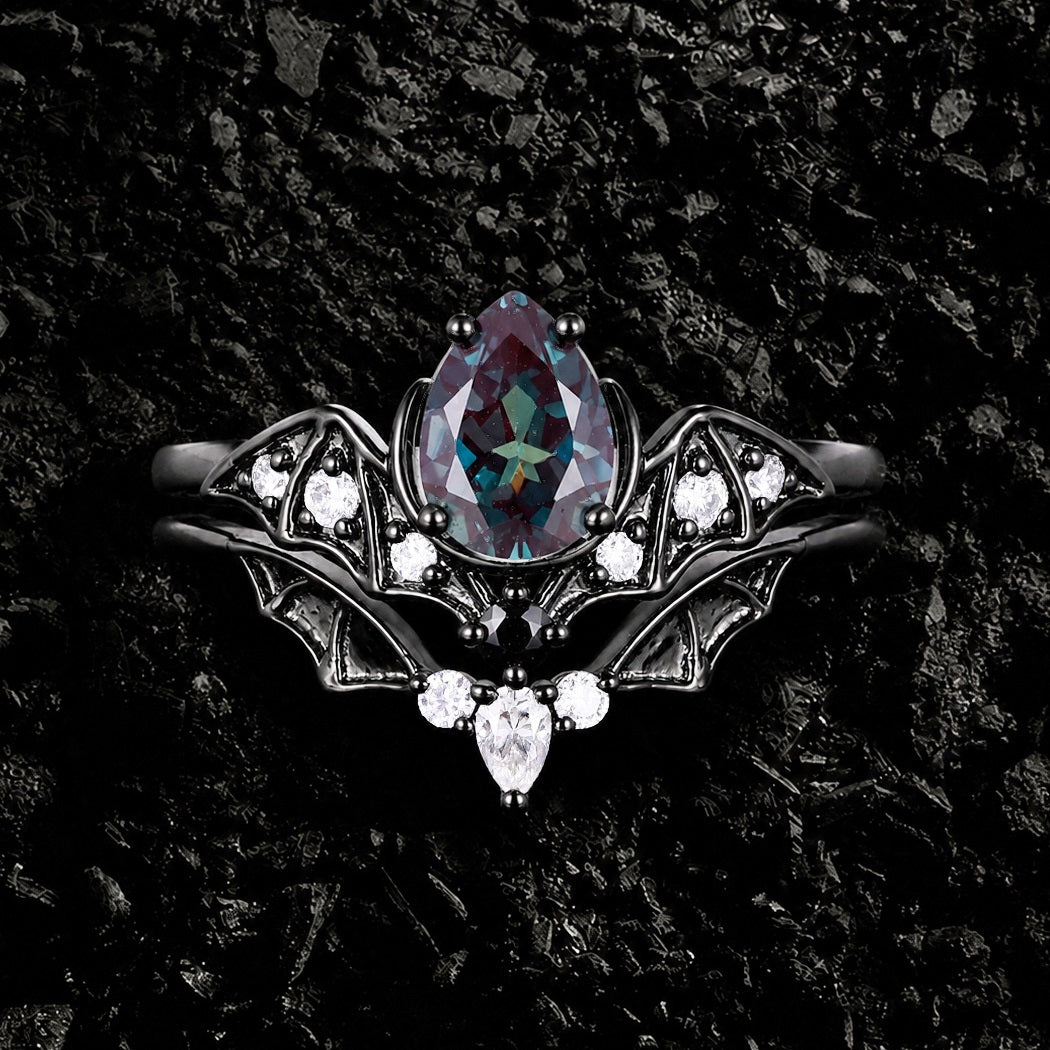 Pear Cut Lab Alexandrite Double Bat Hugging Ring Set Dark Gothic Ring Stack