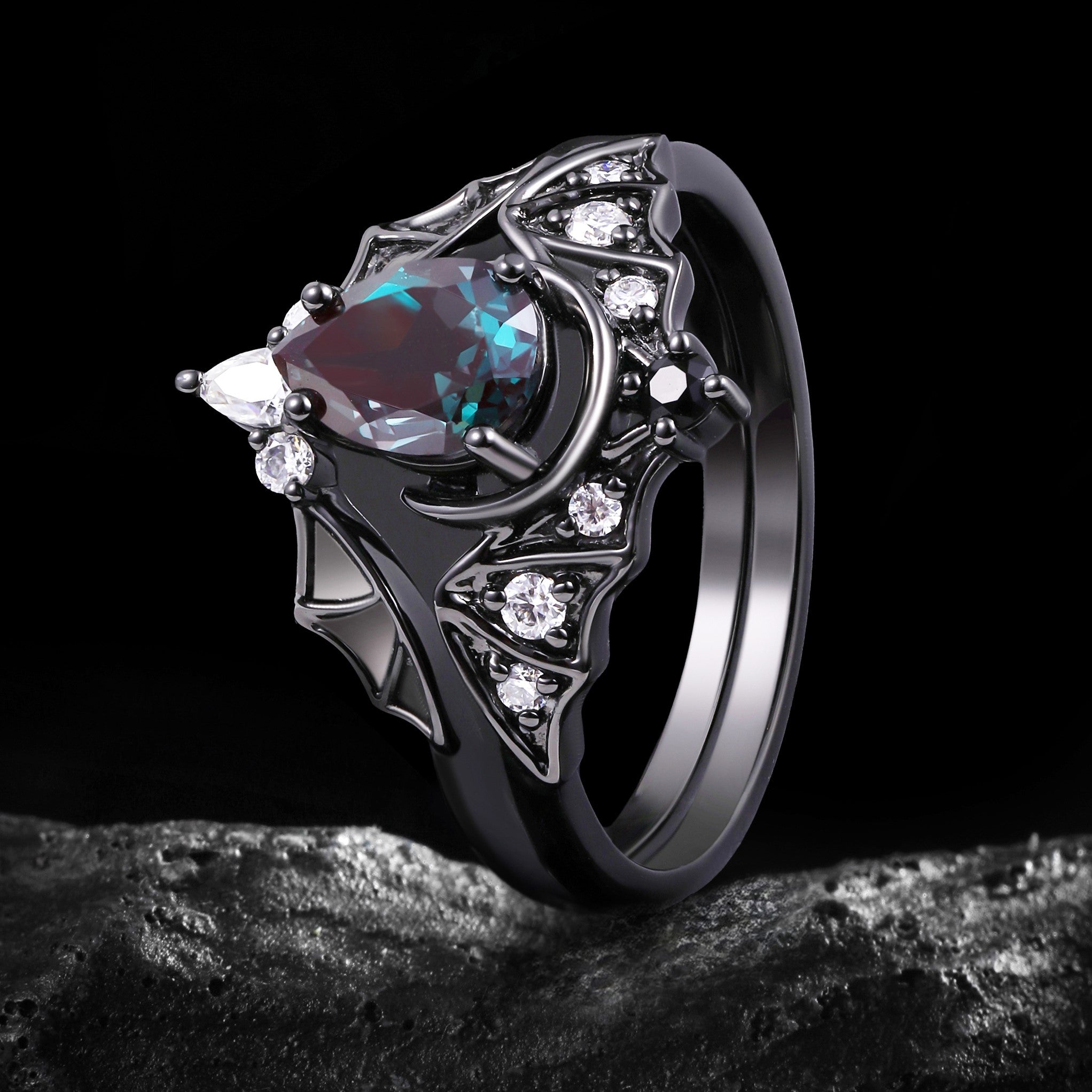 Pear Cut Lab Alexandrite Double Bat Hugging Ring Set Dark Gothic Ring Stack