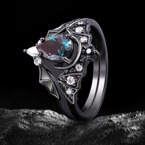 Pear Cut Lab Alexandrite Double Bat Hugging Ring Set Dark Gothic Ring Stack