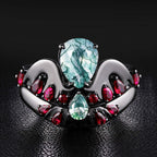 Pear Cut Moss Agate & Lab Ruby Bold Ring Set Cymothoe Sangaris Inspired Gothic Ring Stack