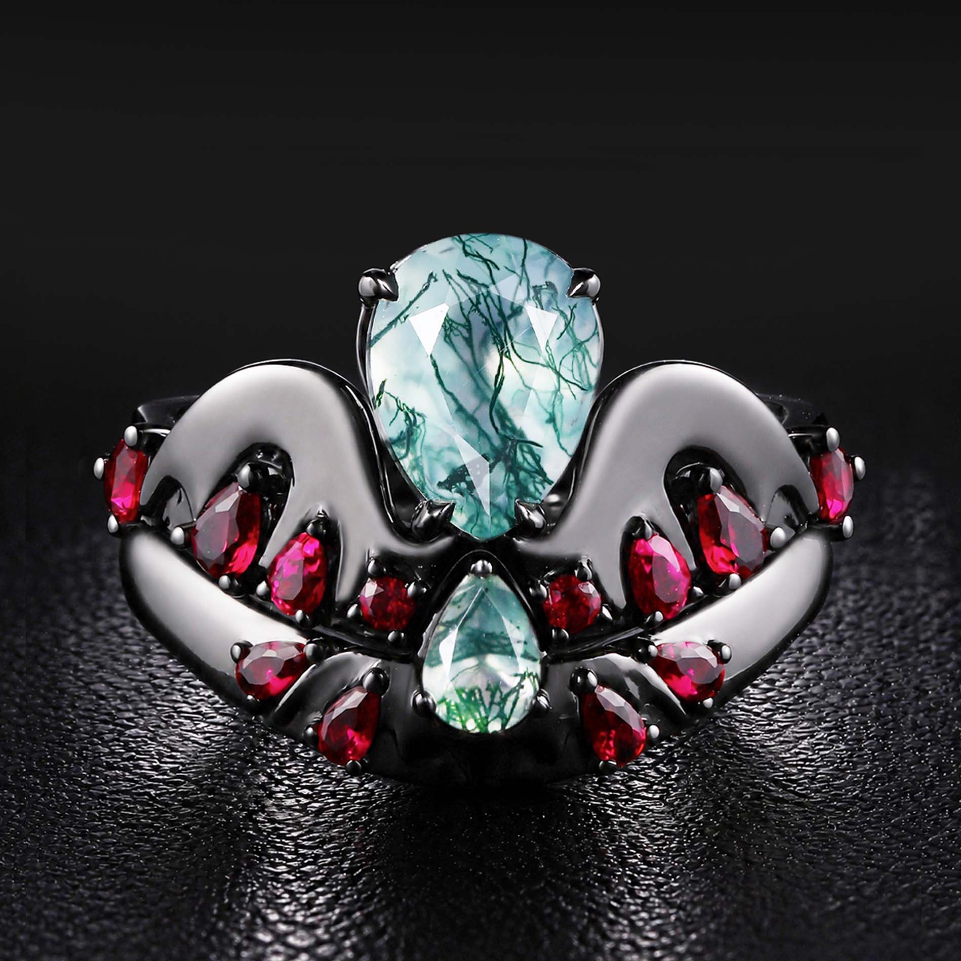 Pear Cut Moss Agate & Lab Ruby Bold Ring Set Cymothoe Sangaris Inspired Gothic Ring Stack