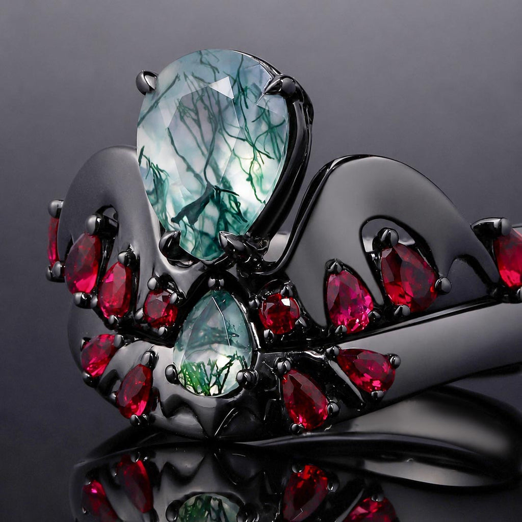 Pear Cut Moss Agate & Lab Ruby Bold Ring Set Cymothoe Sangaris Inspired Gothic Ring Stack