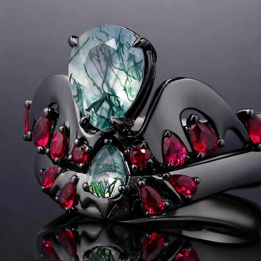 Pear Cut Moss Agate & Lab Ruby Bold Ring Set Cymothoe Sangaris Inspired Gothic Ring Stack