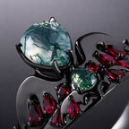 Pear Cut Moss Agate & Lab Ruby Bold Ring Set Cymothoe Sangaris Inspired Gothic Ring Stack