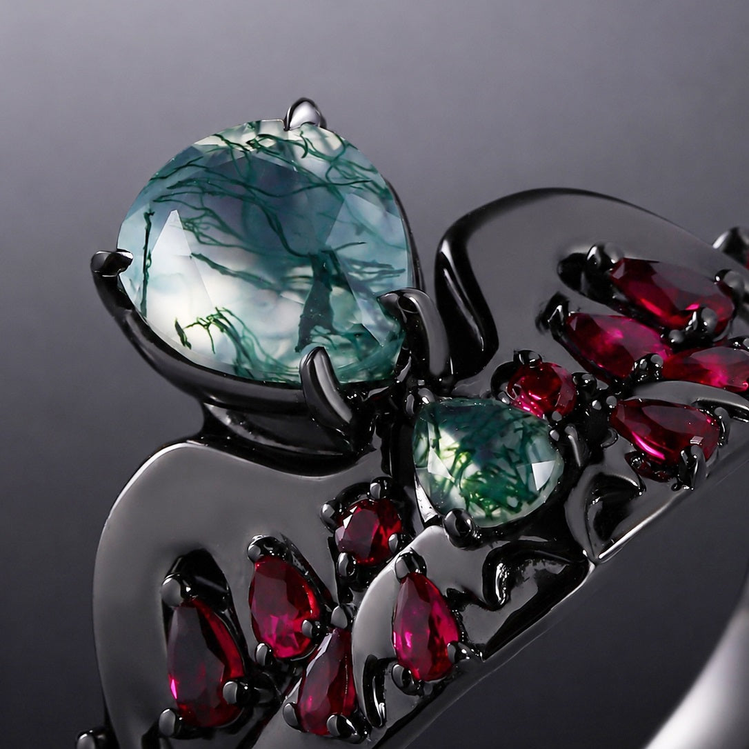 Pear Cut Moss Agate & Lab Ruby Bold Ring Set Cymothoe Sangaris Inspired Gothic Ring Stack