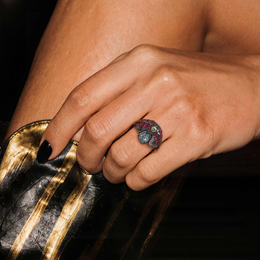 Pear Cut Moss Agate & Lab Ruby Bold Ring Set Cymothoe Sangaris Inspired Gothic Ring Stack