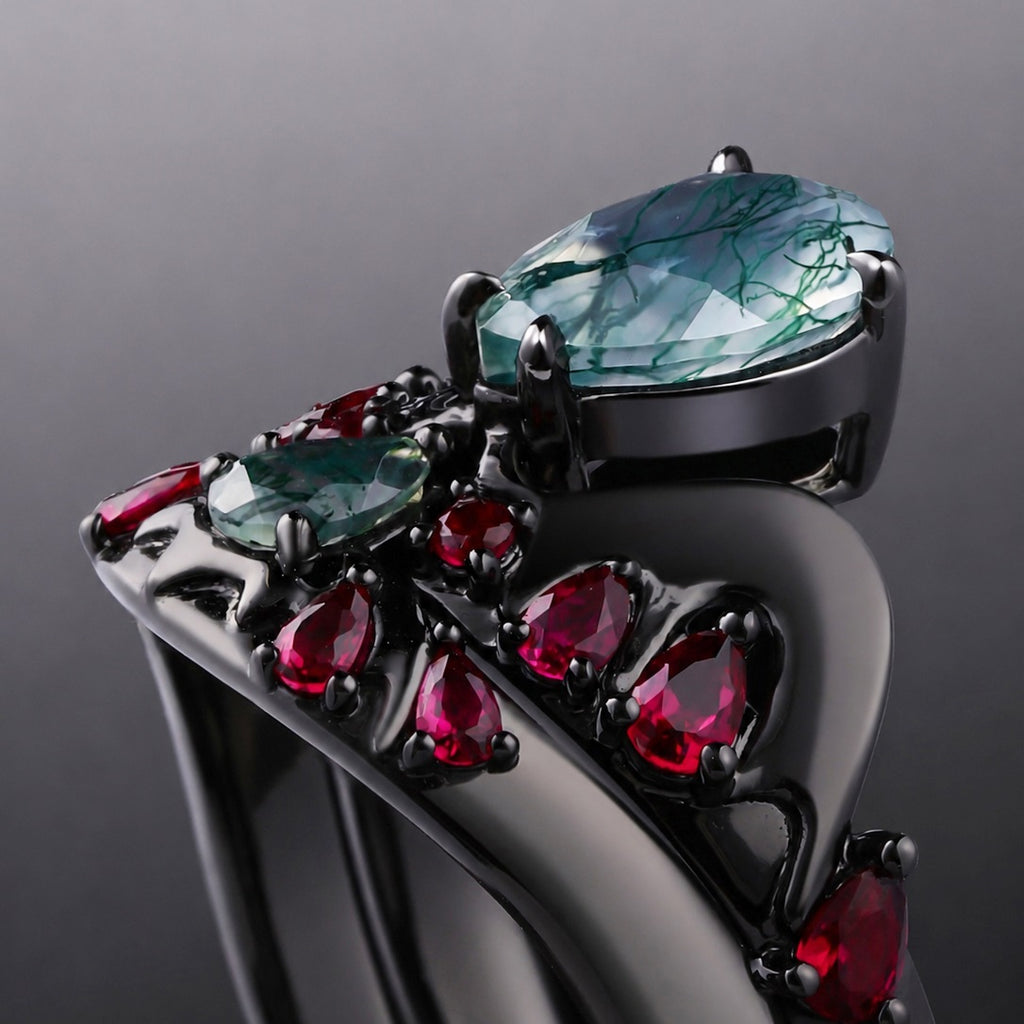 Pear Cut Moss Agate & Lab Ruby Bold Ring Set Cymothoe Sangaris Inspired Gothic Ring Stack