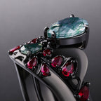 Pear Cut Moss Agate & Lab Ruby Bold Ring Set Cymothoe Sangaris Inspired Gothic Ring Stack