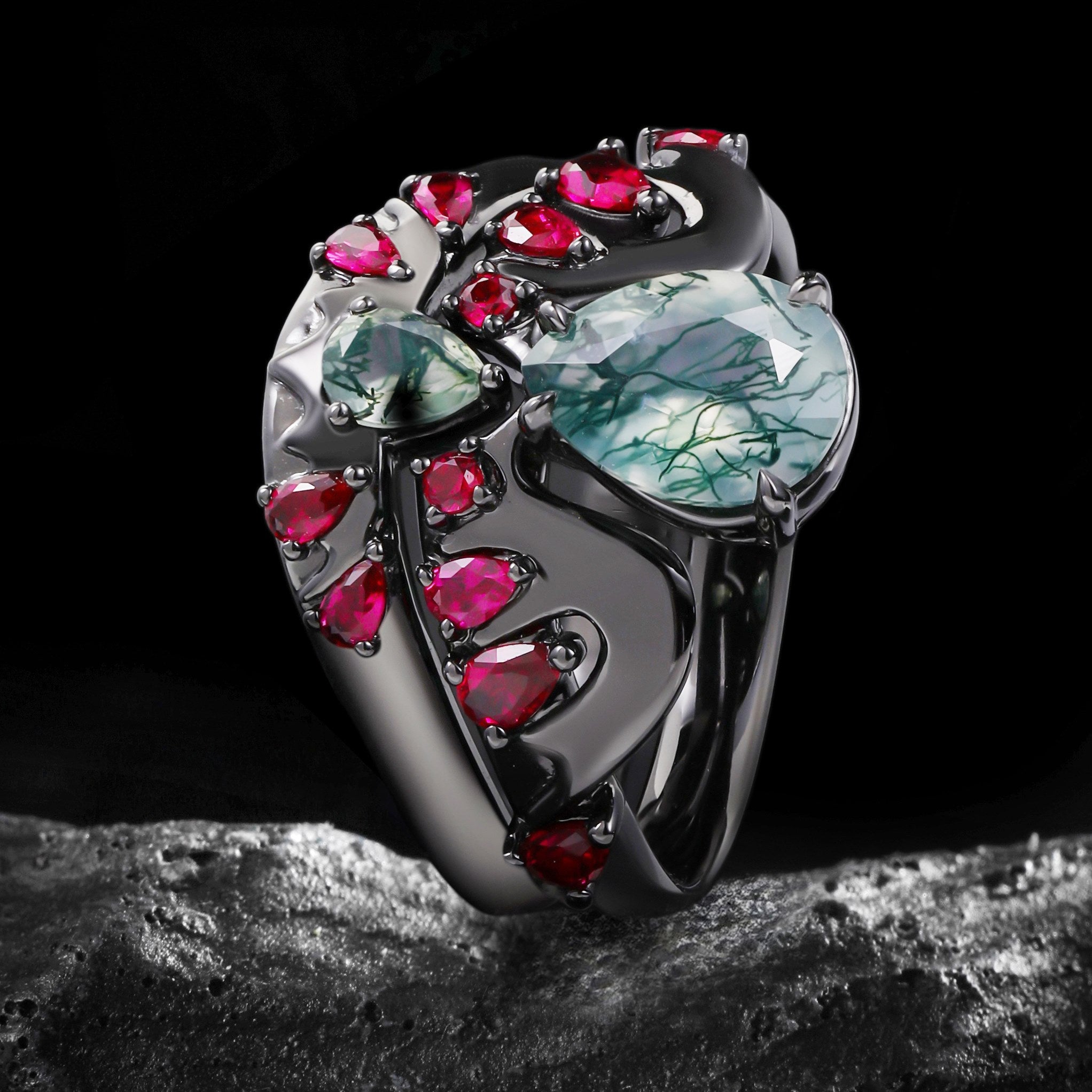 Pear Cut Moss Agate & Lab Ruby Bold Ring Set Cymothoe Sangaris Inspired Gothic Ring Stack
