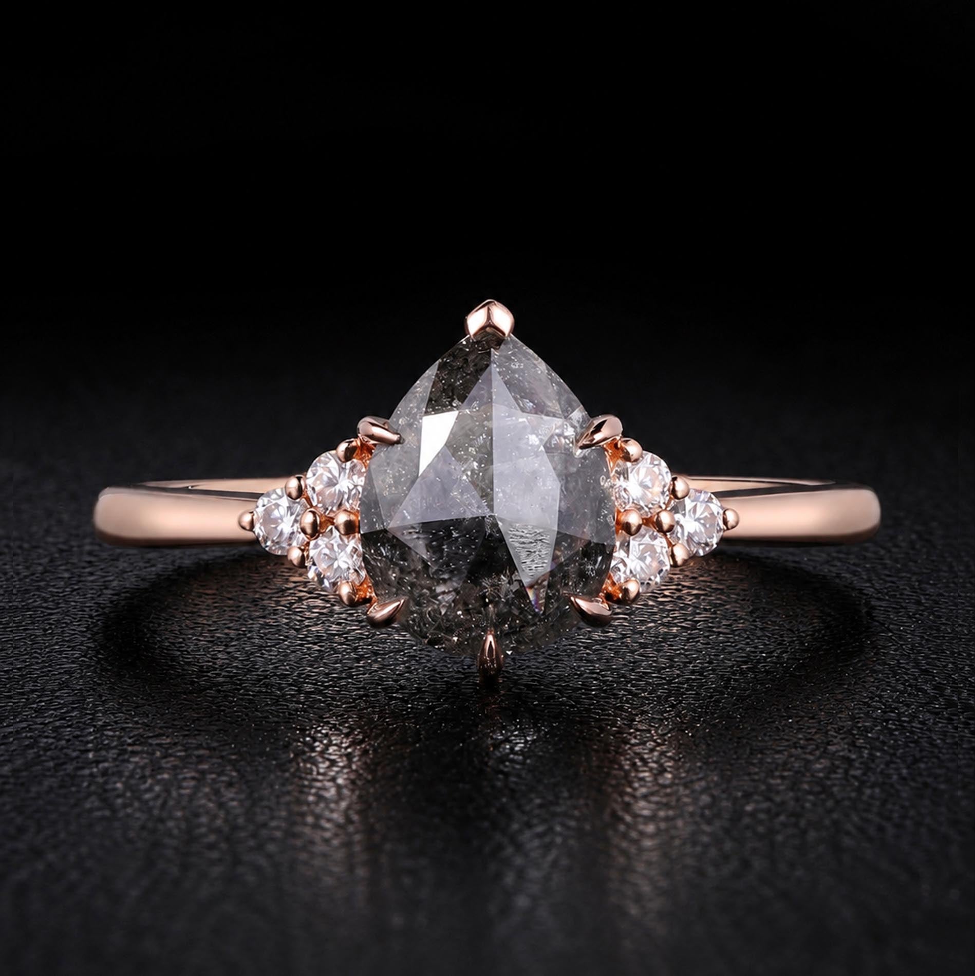 Pear Cut Salt & Pepper Diamond Six Prong Ring With Lab Diamond Accents