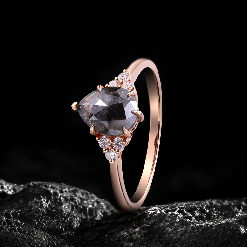 Pear Cut Salt & Pepper Diamond Six Prong Ring With Lab Diamond Accents